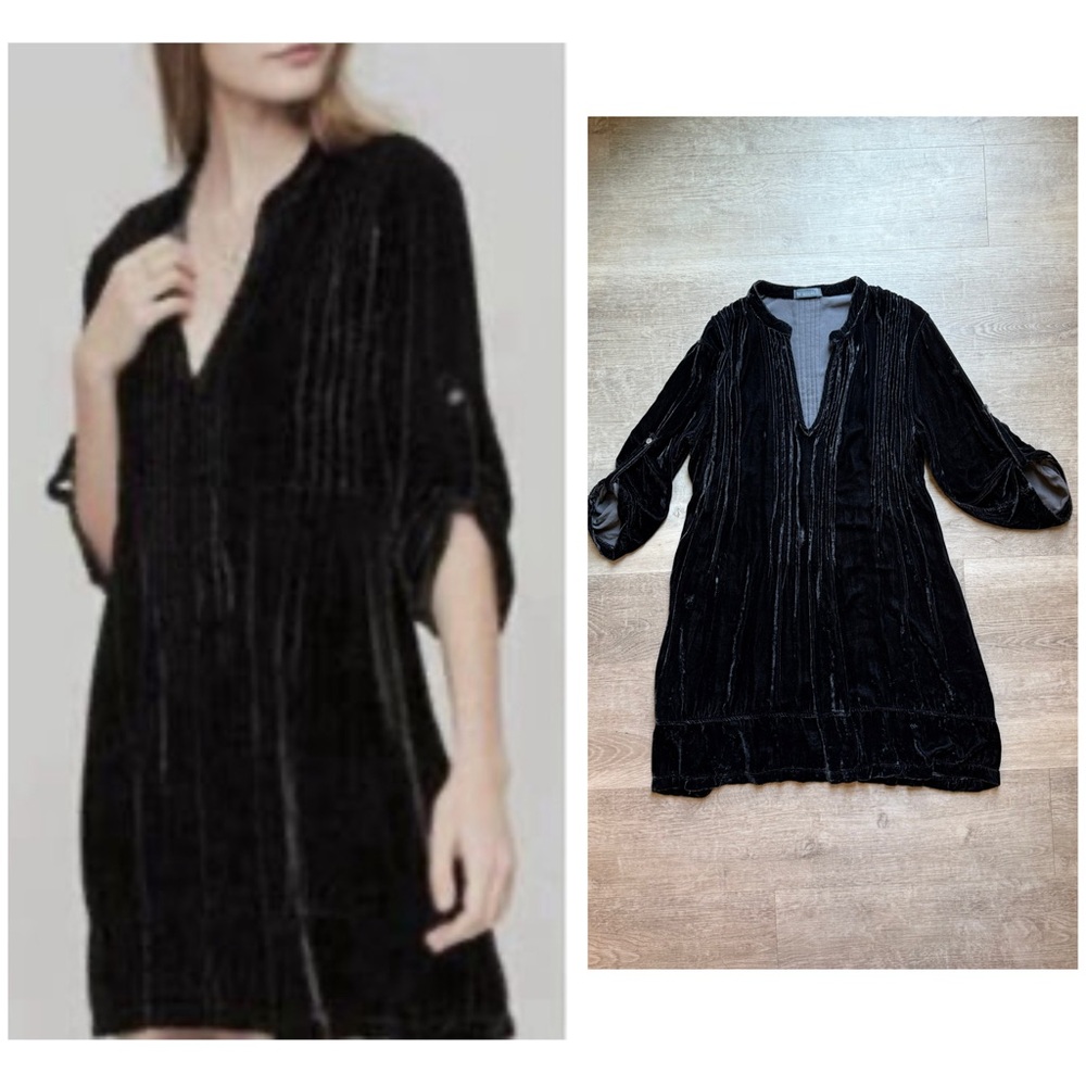 CP Shades Regina Crushed Velvet Pintucked Roll Tab Sleeves Rayon Silk Dress Sz S